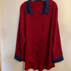 SHEIN CURVE Maroon Button Down Blouse withNavy Blue Cuffs & Collar Size 4XL